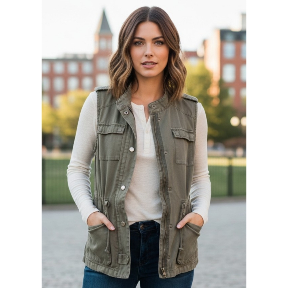 Per Se Military Inspired Utility Vest Khaki Green Size XS